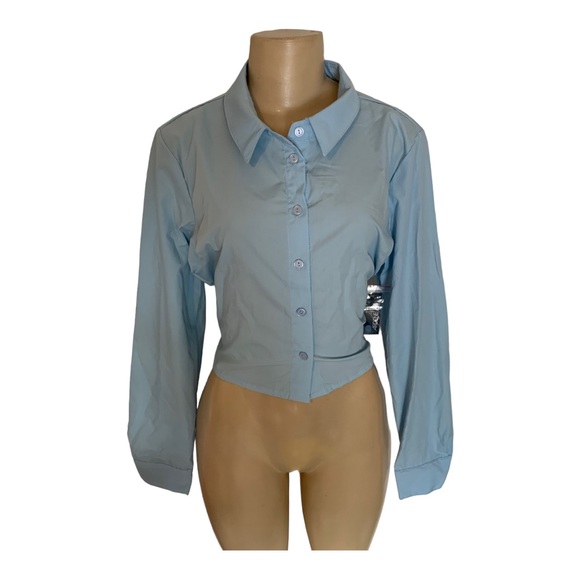 NWT Ardene Crop Button Down Open Back Waist Tie Long Sleeve Dress Shirt Blue - Picture 1 of 10